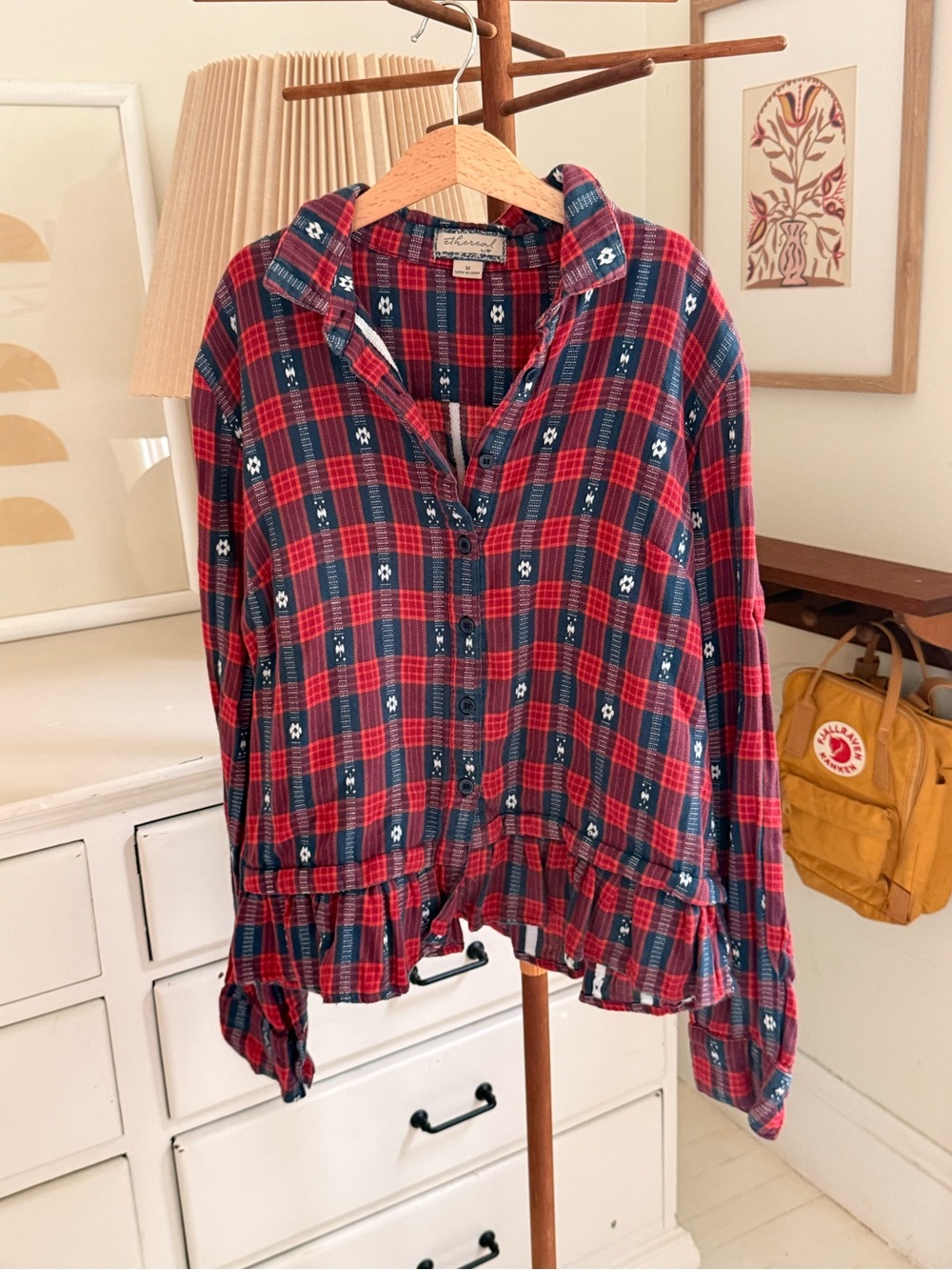 Paper Crane Red & Navy Floral Plaid Button-Up Peplum Top
